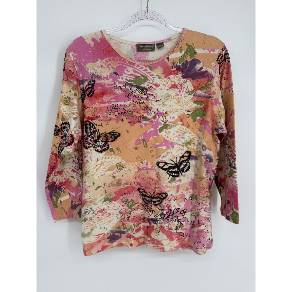 Jane Ashley Petite Sz XL Butterfly Floral Abstract Print 3/4 Sleeve Cotton Top